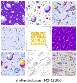 Set of seamless space backgrounds with rockets, planets, asteroids, comets, meteors and stars, undiscovered deep cosmos fantastic textiles fabric for children, endless tiling pattern, vector.