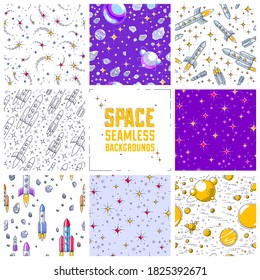 Set of seamless space backgrounds with rockets, planets, asteroids, comets, meteors and stars, undiscovered deep cosmos fantastic textiles fabric for children, endless tiling pattern, vector.