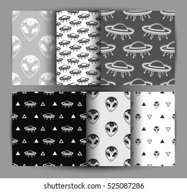 Set Of Seamless Space Patterns With  Aliens And Spaceships. Space Style. Repeated Pattern. It Can Be Used As Wallpaper, Upholstery, Wrapping, Fabric Or Your Design.