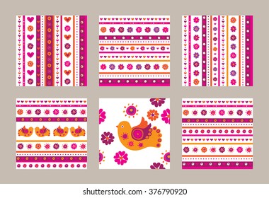 Set of seamless spring patterns. Flowers, birds and hearts. Wrapping paper, cloth. Vector illustration. 