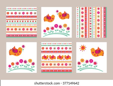 Set of seamless spring patterns with flowers and birds. Wrapping paper, cloth. Doodles, sketch for your design. Vector illustration.