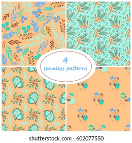 Set of seamless spring, summer pattern with flowers and birds.?odern fashion textile design