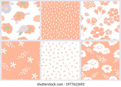 Set of seamless spring, summer patterns. Delicate cute blossoms, flowers daisies on a pink, white background. Girly vintage ornament, plant print. Petals, drops, simple random shapes. Vector graphics.