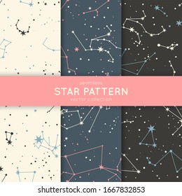 Set of seamless star pattern. Vector constellations and stars. Space galaxy backgrounds.