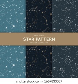 Set of seamless star pattern. Vector constellations and stars. Space galaxy backgrounds.