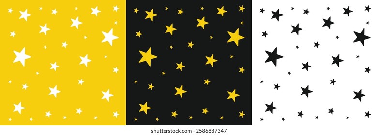Set of seamless Star pattern.Magic star texture vector star background. Fashionable magic stars on yellow background sparkle pattern graphic design. Party star pattern.