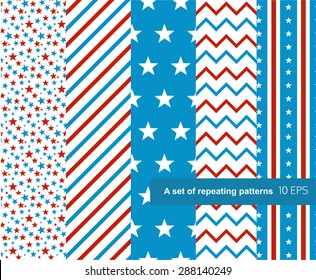 Set of seamless star and striped patterns for US Independence Day.