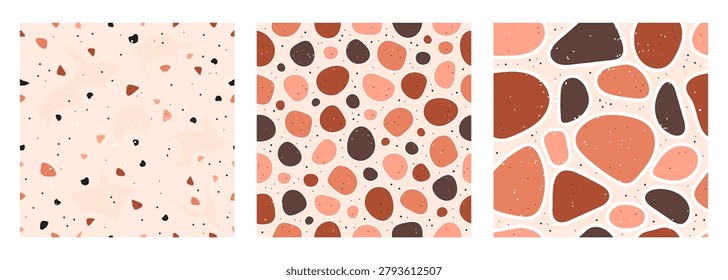 Set of seamless stone patterns, tiles with cobblestone and marbles, and vector architectural swatches for roads, trails, and wall design.