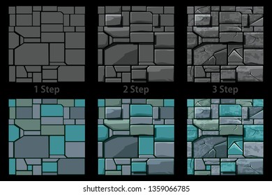 Set Seamless Stone texture, 3 step drawing. Background stone wall tiles. Illustration for user interface of the game element