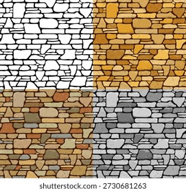 Set Seamless Stone Textures Set 4 Seamless Grunge Stone Brick Wall Texture with various variants of color. Vector Illustration.