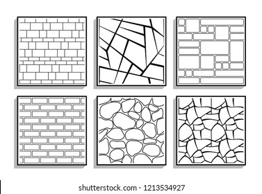 Set of seamless stone textures. Black and white patterns of brick material