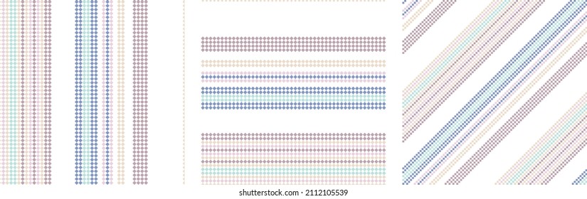 Set seamless stripe pattern. Colored textured a pixel. Vertical, horizontal and diagonal lines. Textile design. Of printing on fabric, shirt, textile, curtain and tablecloth. Vector graphic.
