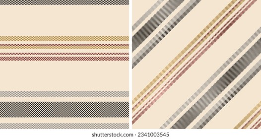 Set seamless stripe pattern. Colored textured a herringbone background. Horizontal and diagonal bands. Textile design. Of printing on fabric, shirt, textile, curtain and tablecloth. Vector.