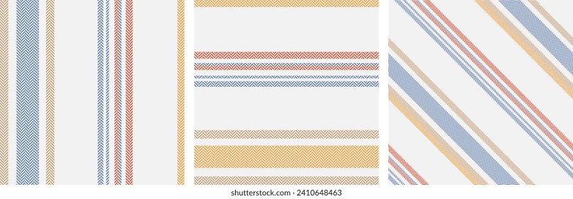 Set seamless stripe pattern. Colored textured a herringbone background. Vertical, horizontal and diagonal bands. Textile design. Of printing on fabric, shirt, textile, curtain and tablecloth. Vector.