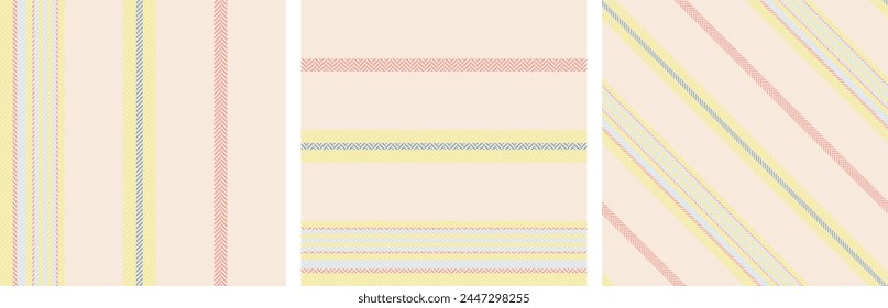 Set seamless stripe pattern. Colored textured a herringbone background. Vertical, horizontal and diagonal bands. Textile design. Of printing on fabric, shirt, textile, curtain and tablecloth. Vector.
