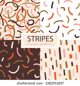 Set of seamless striped backgrounds. Vector seamless patterns with creative abstract shapes. Hand-drawn simple design for fabric or wallpaper, wrapping paper.