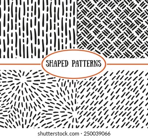 Set of seamless stroke patterns. Black and white. Hand-drawn background. 