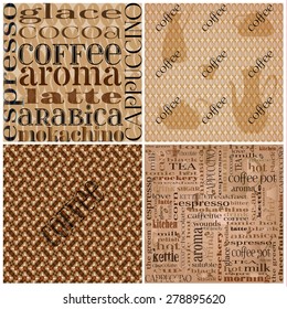 Set of seamless stylized texture on the subject of coffee . Images of objects with text in different fonts.