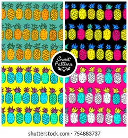 Set of seamless summer pattern with bright  pineapple on a white background For teenagers