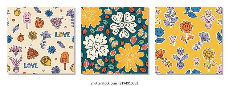Set of Seamless summer pattern with groovy, hippie style stickers. Positive 60s, 70s Retro style. Background, wallpaper, textile design for children, kids. Cartoon pattern design collection.