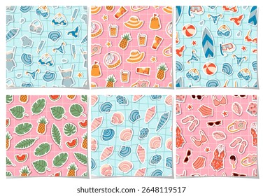 Set of seamless summer patterns featuring tropical fruits, beachwear, seashells, drinks, accessories, and ocean elements. Ideal for vacation themes, textiles, wrapping, and seasonal projects.