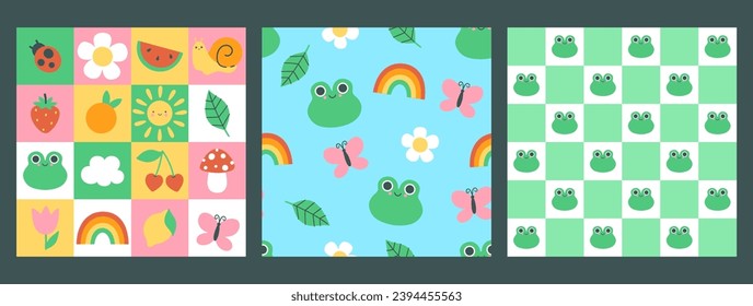 Set of seamless summer patterns with frogs. Vector graphics.