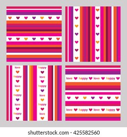 Set of seamless summer patterns with hearts and colored stripes. Wrapping paper for Mother's Day, birthday, wedding. Vector illustration.
