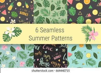 Set of seamless summer patterns. Six patterns with leaves of a palm tree, fruits, flowers and  hand-drawn lettering