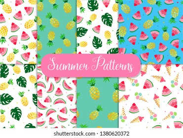 set of seamless summer patters created from hand drawn fruit, monstera leaves and ice cream. Good for scrapbooking, wallpaper, textile prints, product package, stationery, festive backgrounds. EPS 10