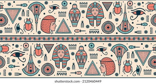 Conjunto de patrones de símbolo impecables dibujados a mano estilo tribal egipcio antiguo. Bueno para textiles, papel, papel pintado, pañuelos para la cabeza y páginas web. Ilustración vectorial. Resumen del arte de impresión geométrica.