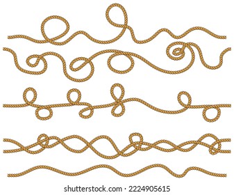 Set of seamless tangled ropes isolated on white background. Twisted cord with decorative loops and nautical knots. Braided rope decor. Vintage flat cartoon vector border.