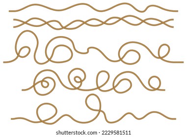 Set of seamless tangled ropes isolated on white background. Twisted cord with decorative loops and nautical knots. Braided rope decor. Vintage flat cartoon vector border.