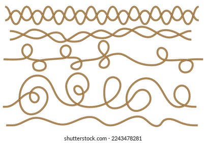 Set of seamless tangled ropes isolated on white background. Twisted cord with decorative loops and nautical knots. Braided rope decor. Vintage flat cartoon vector border.