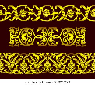 Set of seamless tape golden patterns, and floral elements in ethnic national style of Uzbekistan, Asia. Vector illustration.