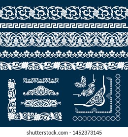 Set of seamless tape Patterns, corner and elements in the form of cotton in the Uzbek national style, vector mockup for design, isolated on blue background.