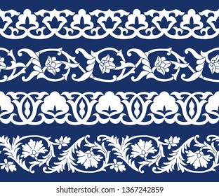 Set of seamless tape Patterns in the form of cotton in the Uzbek national style, vector mockup for design, isolated on blue background.