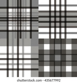 Set of seamless tartan patterns. Plaid twill repeated black and white tartan pattern. Vector illustration.
