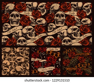 Conjunto de fondos sin fisuras de tatuajes con cráneos, rosas y cintas vintage.