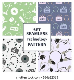 Set of seamless technology vector patterns, with colorful icons of PC, monitor, headphones, disc, router, battery, USB flash drive, web camera, microphone. Series of sets of vector seamless patterns
