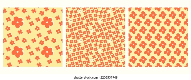 Set of Seamless templates with small and large orange flowers in 70's style. Seamless vector with orange flowers in y2k style for printing on fabric or paper.