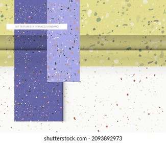 Set seamless terrazzo patterns color Very Peri new popular color 2022. Pattern for ceramics marble natural stone interior textures. Vector stock illustration eps 10