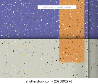 Colores de los patrones de terrazo impecables Muy Peri nuevo color popular 2022. Patrón de texturas interiores de piedra natural de mármol cerámico. Ilustración de material vectorial eps 10