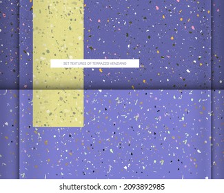 Setzen Sie nahtlose Terrazzo Muster Farbe Sehr Peri neue beliebte Farbe 2022. Muster für Keramik Marmor natürlichen Stein Innenausstattung Texturen. Vektorgrafik, EPS10