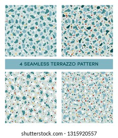 Set of seamless terrazzo patterns in cool blue tones with bright inclusions. Texture of classic italian type of floor in Venetian style. Vector background. For textile, paper, card, interior design