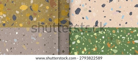 Set seamless terrazzo patterns. Natural colors Pattern for ceramics marble natural stone. Vector stock illustration textured shapes in vibrant colors