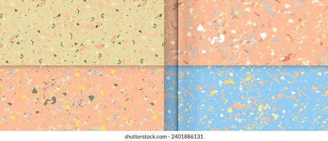 Setzen Sie nahtlose Terrazzo-Muster auf die neue Peach Fuzz Farbe 2024. Muster für Keramik Marmor Naturstein. Texturierte Formen von Vektorgrafiken in lebhaften Farben