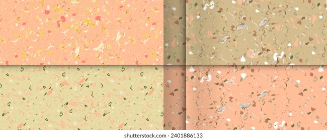 Set seamless terrazzo patterns on new Peach Fuzz color 2024. Pattern for ceramics marble natural stone. Vector stock illustration textured shapes in vibrant colors