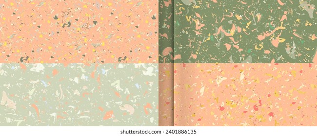 Set seamless terrazzo patterns on new Peach Fuzz color 2024. Pattern for ceramics marble natural stone. Vector stock illustration textured shapes in vibrant colors
