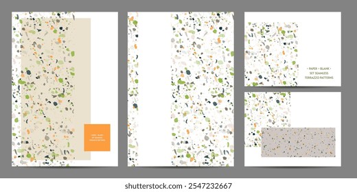 Defina padrões de terrazzo sem costura no fundo branco. Banners Padrão para cerâmica mármore pedra natural. Formas texturizadas de ilustração de estoque vetorial em cores vibrantes
