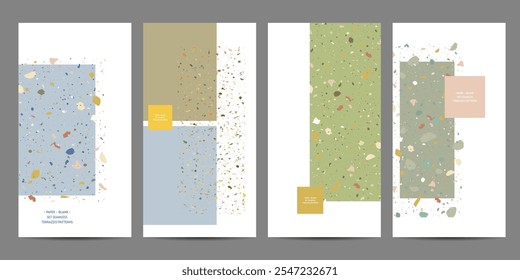 Set seamless terrazzo patterns on white background. Banners Pattern for ceramics marble natural stone. Vector stock illustration textured shapes in vibrant colors